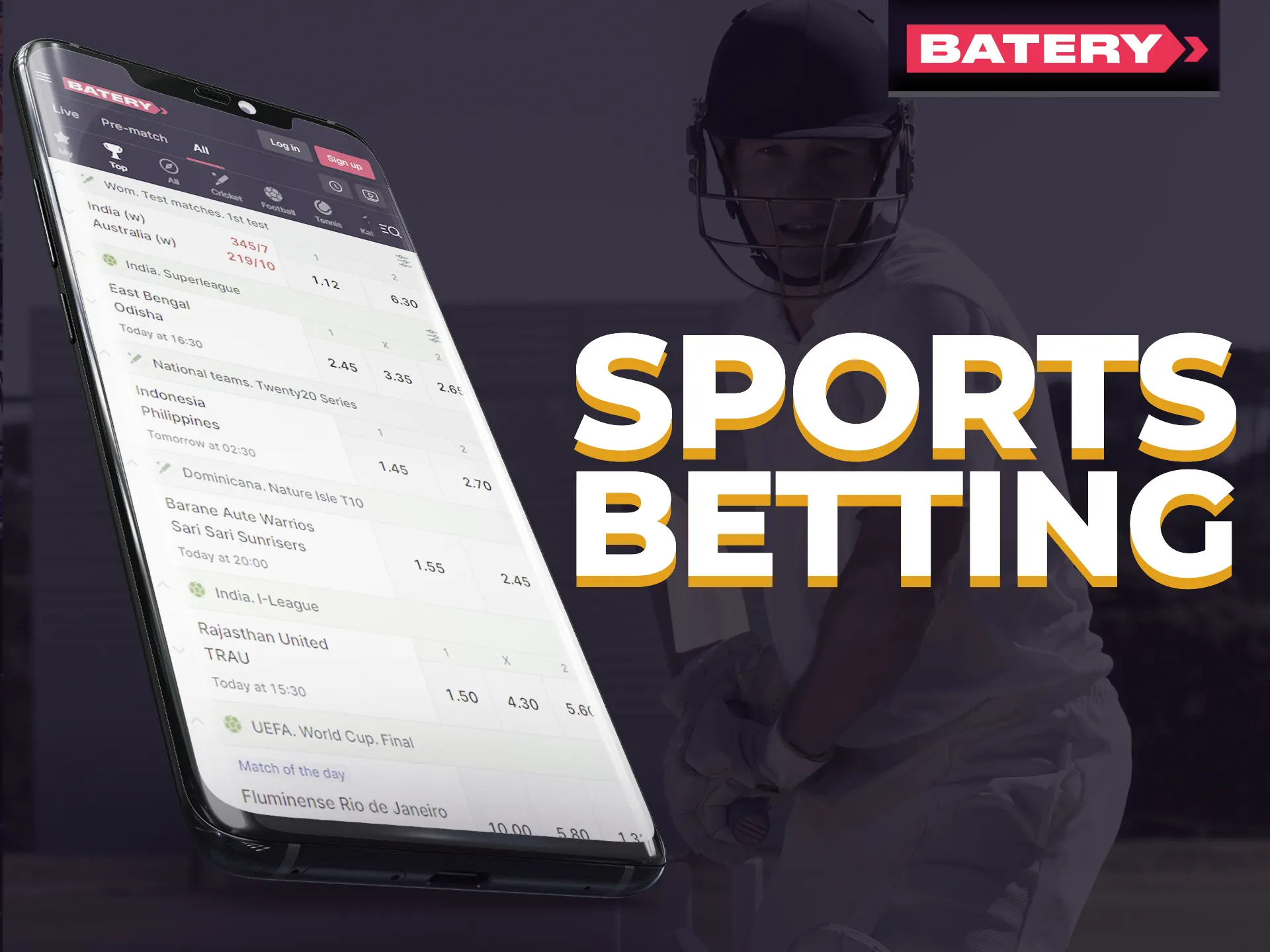 Batery App offers sports betting on 30+ sports, including cricket, with live options.