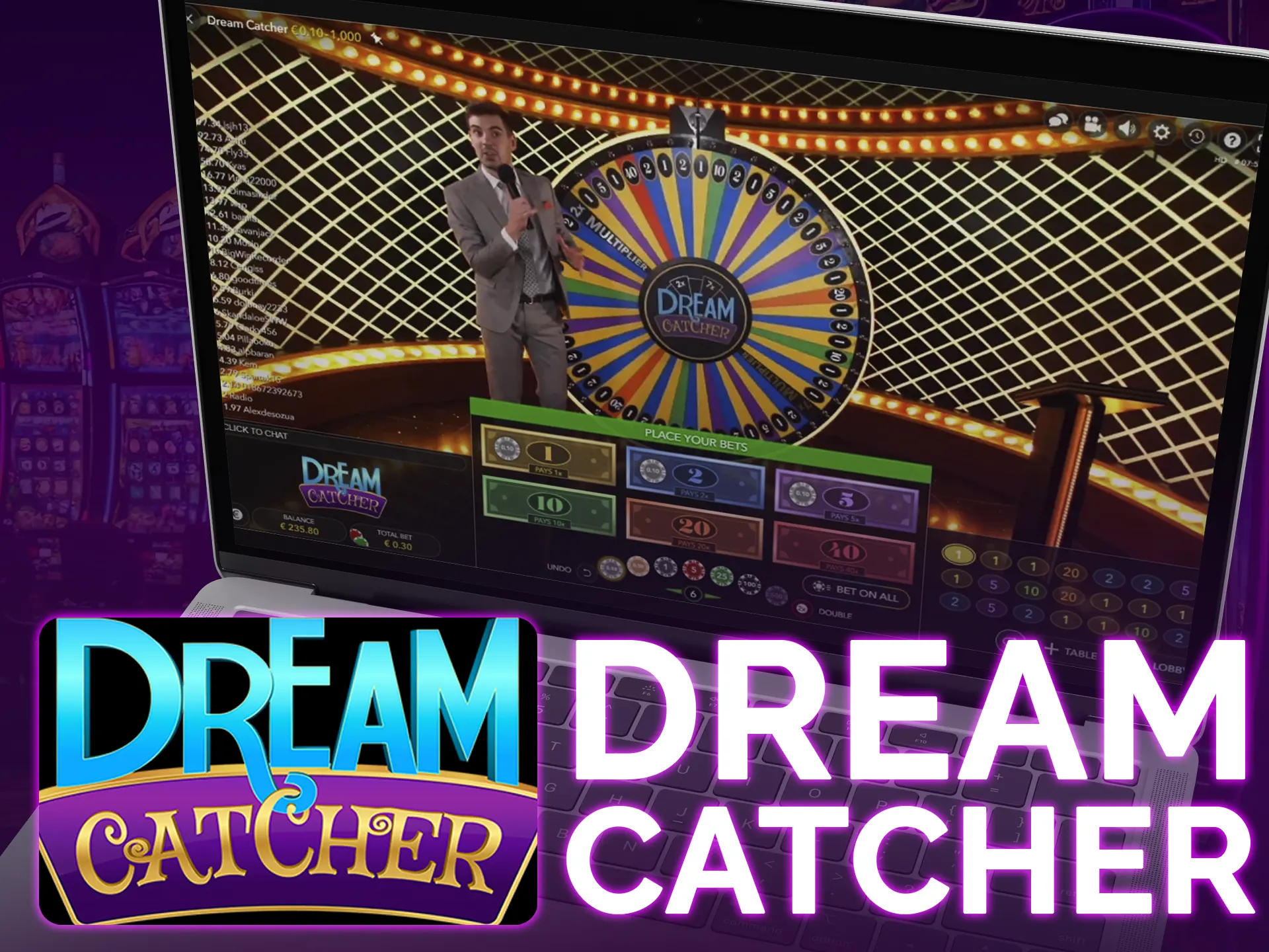 Dream Catcher: Bet, spin the wheel with 7 sectors, win multipliers.