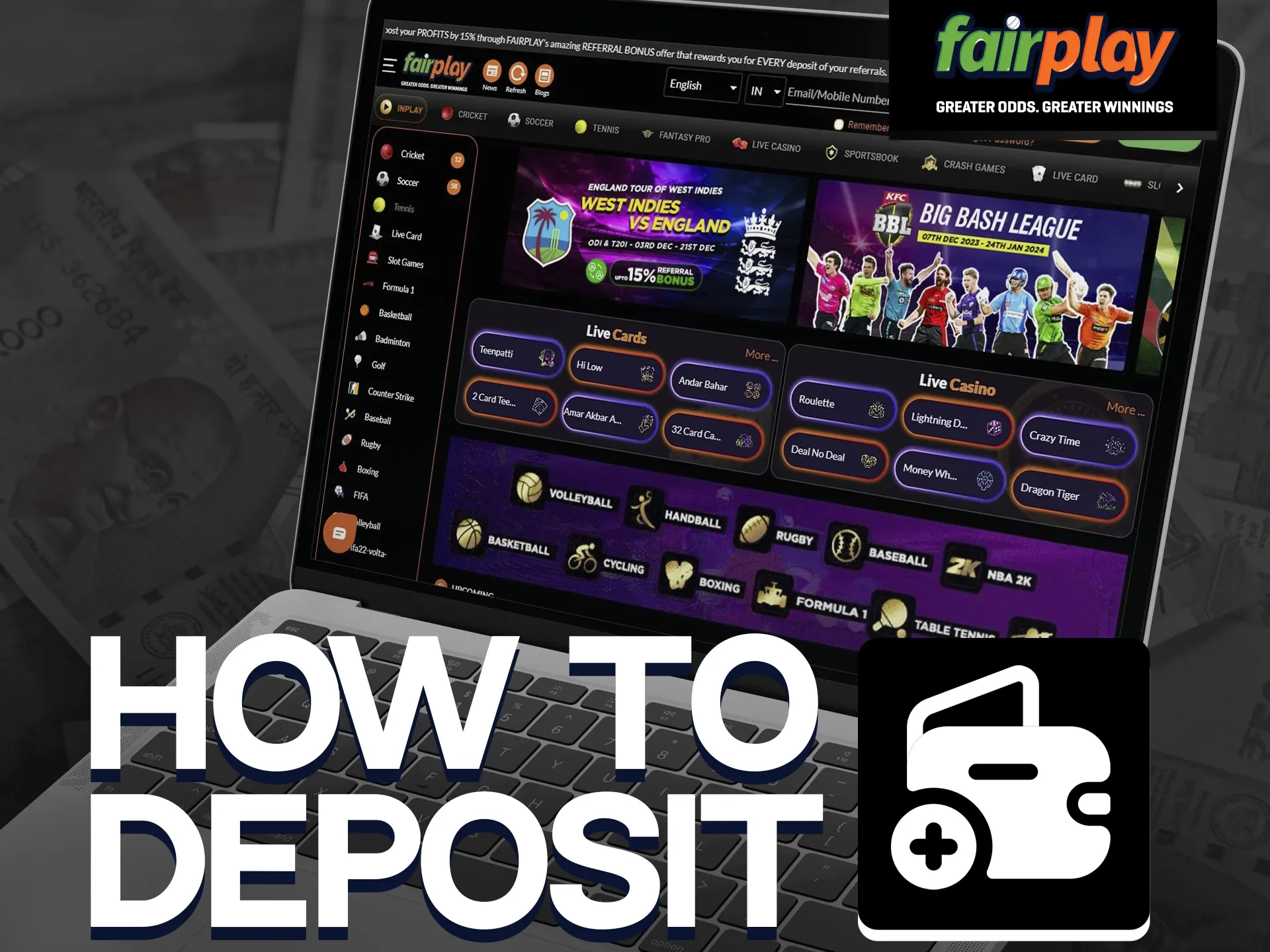 To deposit at Fairplay, log in, click Deposit, enter details, transfer, and wait.