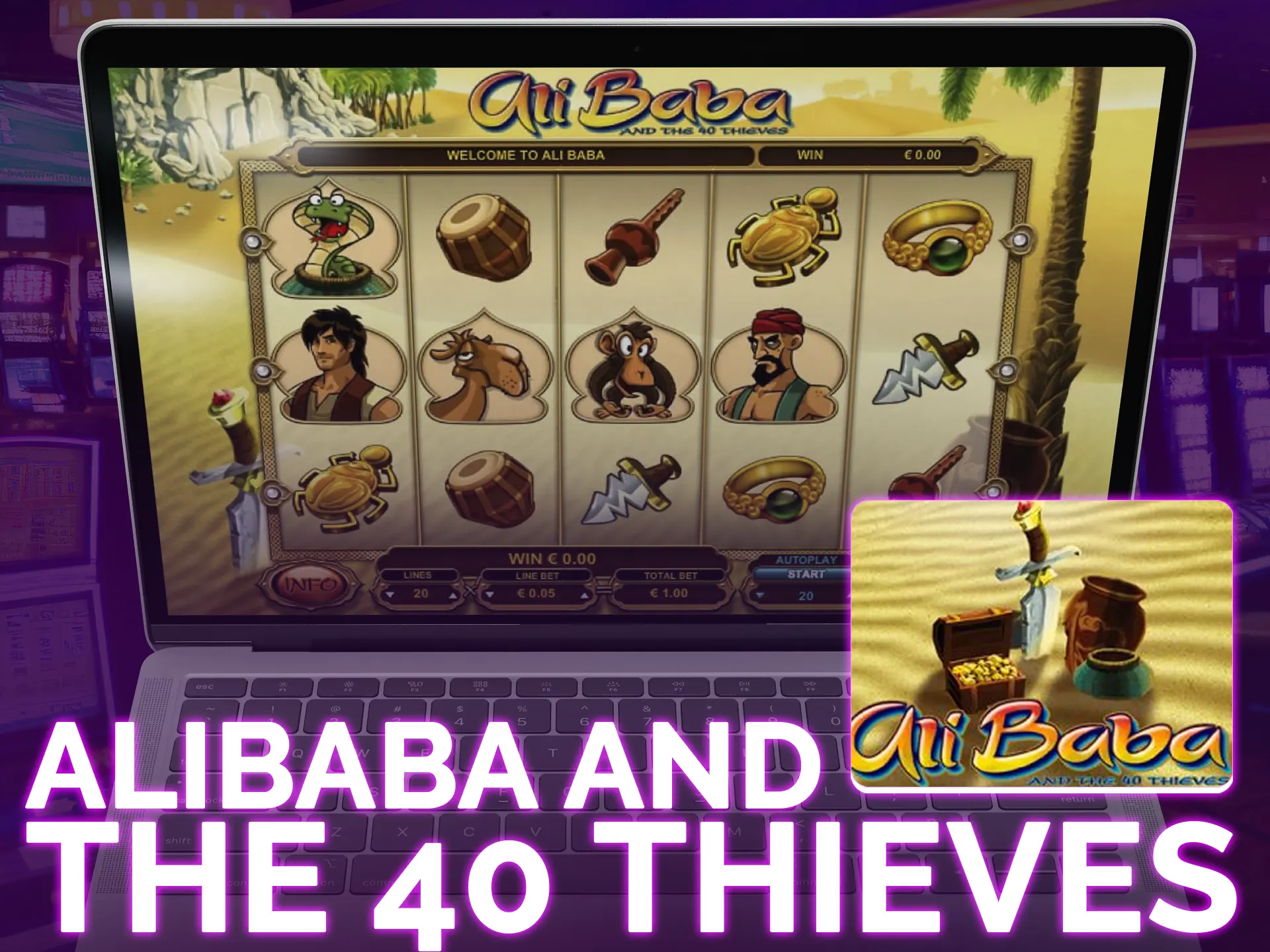 Alibaba and the 40 thieves slot: 20 paylines, 94% RTP, average volatility, freespin round, special symbols.