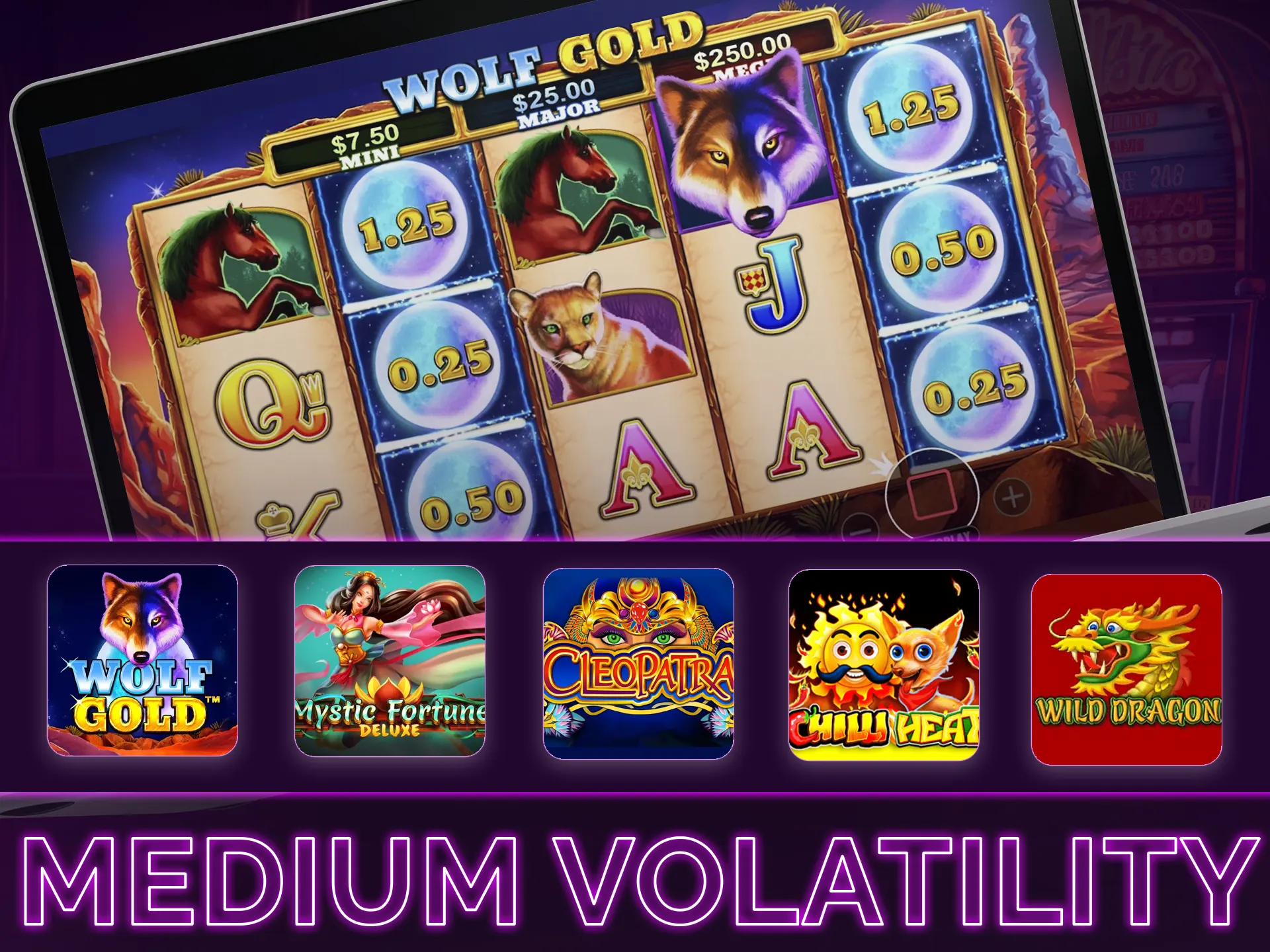 Medium volatility in slots: frequent wins, moderate risk, max payout around x10,000.