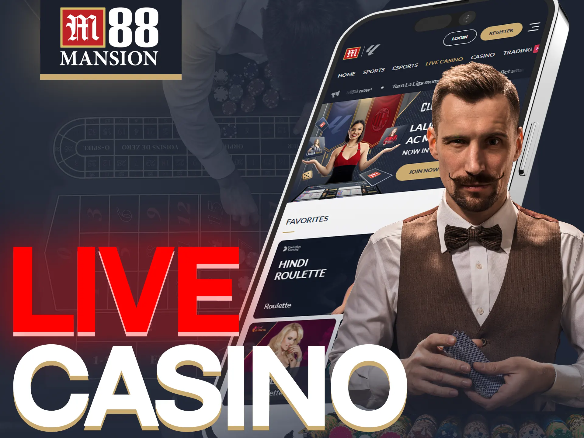 M88's app offers live casino experiences.