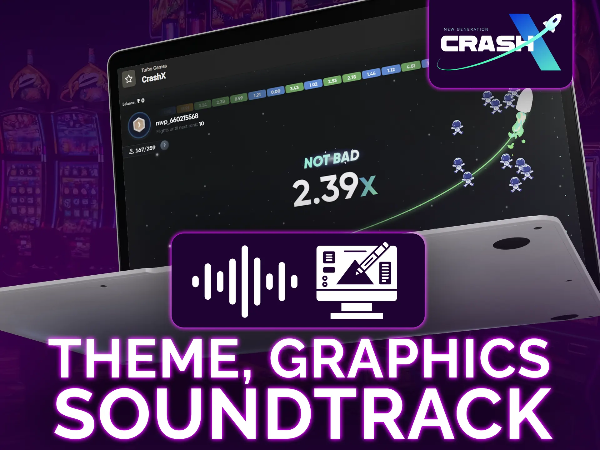 Crash X offers space-themed graphics, sounds, and animations.