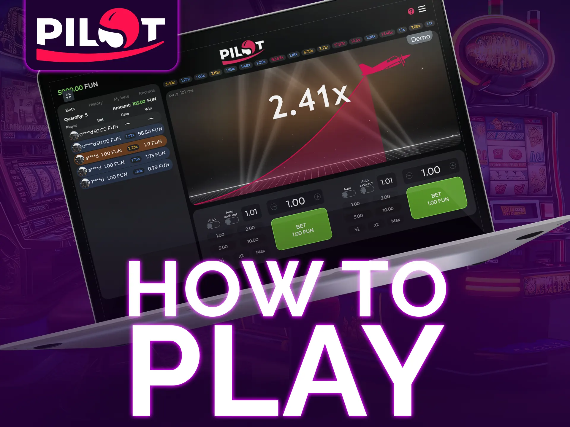 Play Pilot, choose bet, watch plane, cash out winnings.