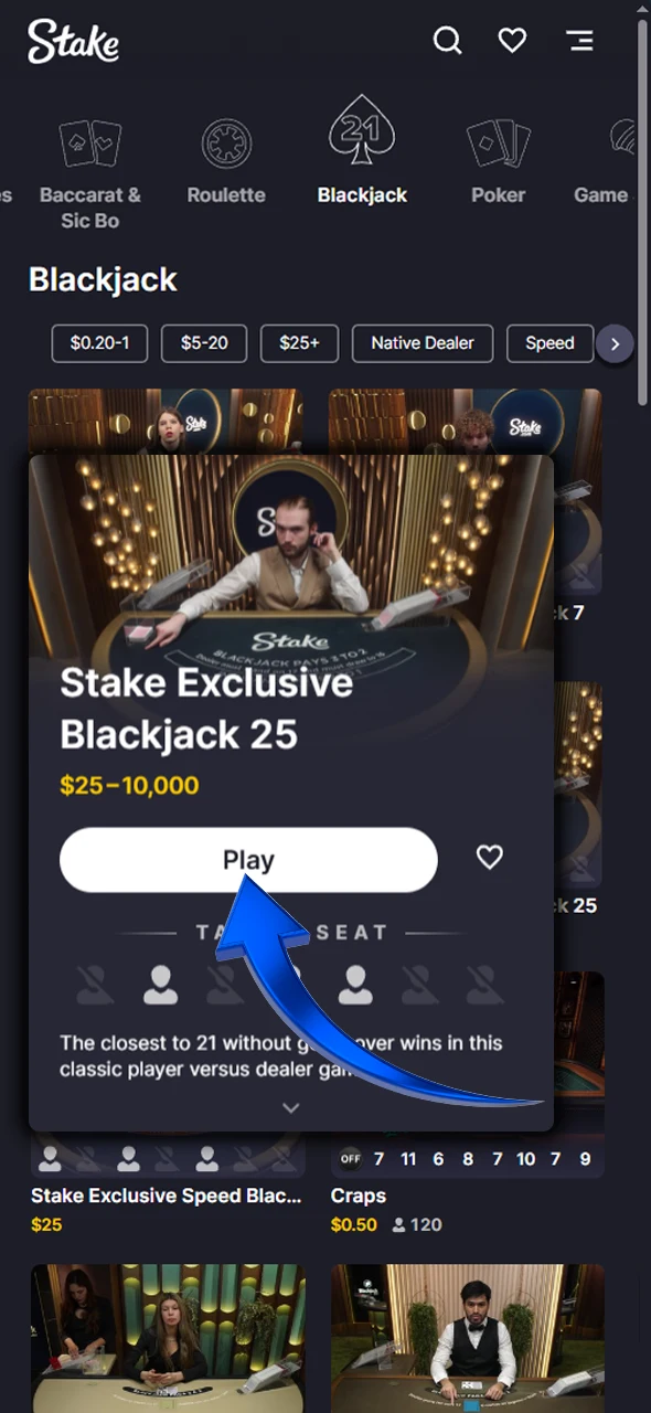 You can start playing and betting at Stake from your mobile browser.