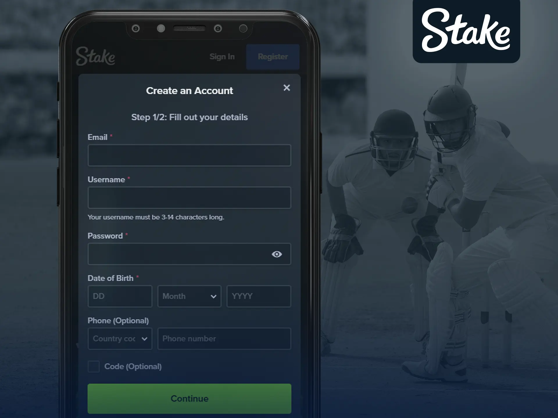 Registering on the Stake app is simple and quick.