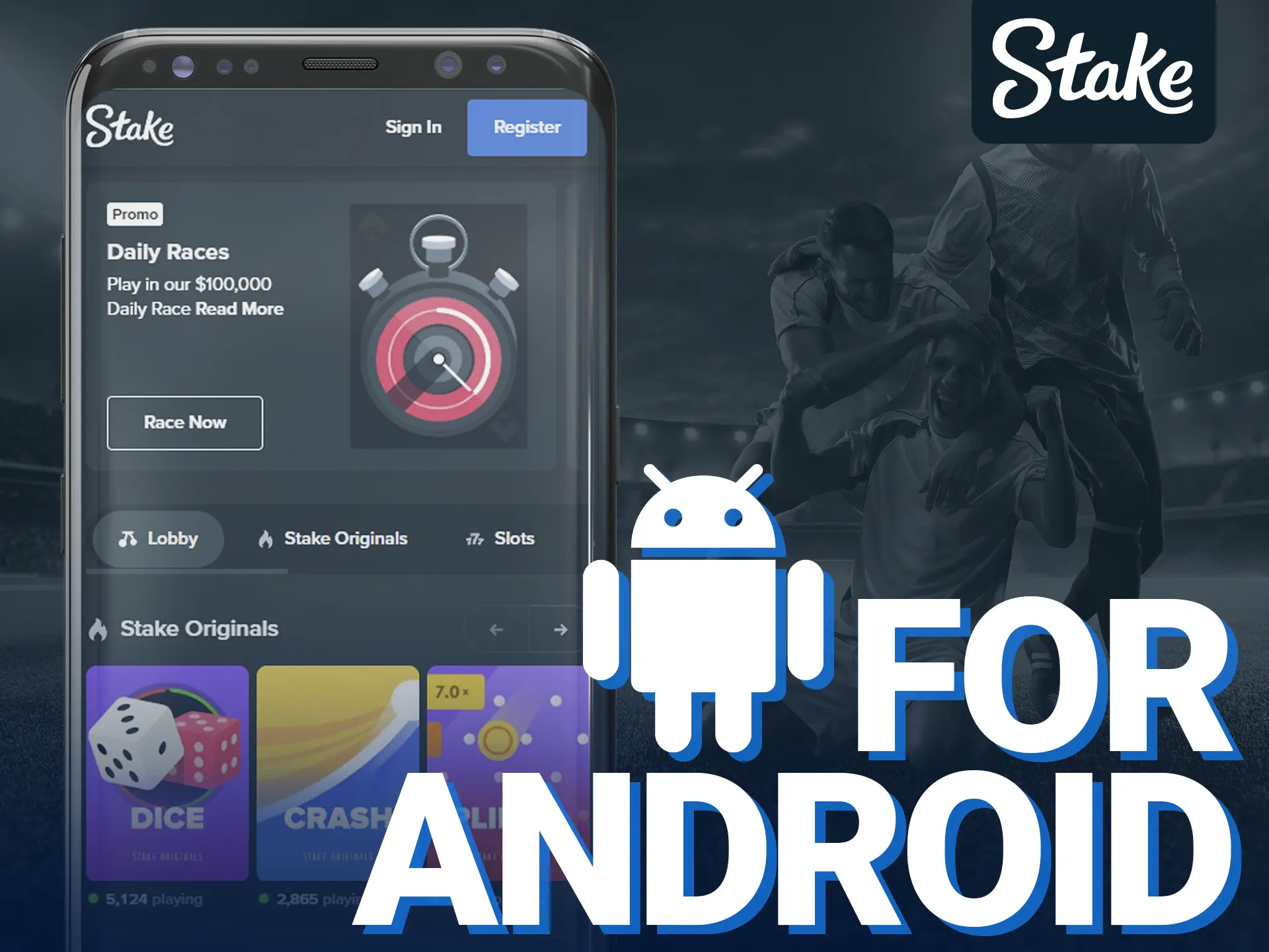 Stake games are accessible on Android via browser.