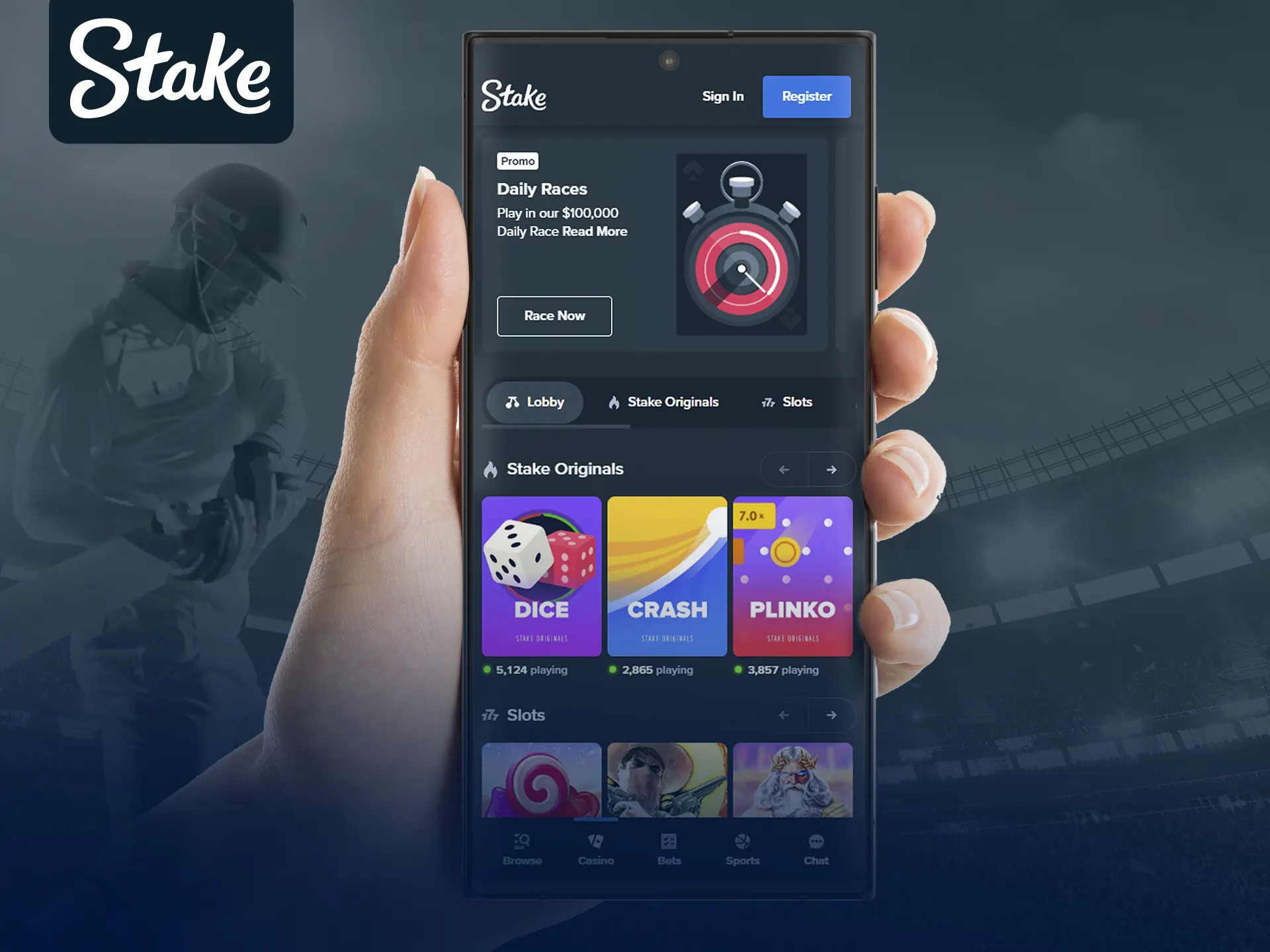 Stake's mobile site offers full features on smartphones.