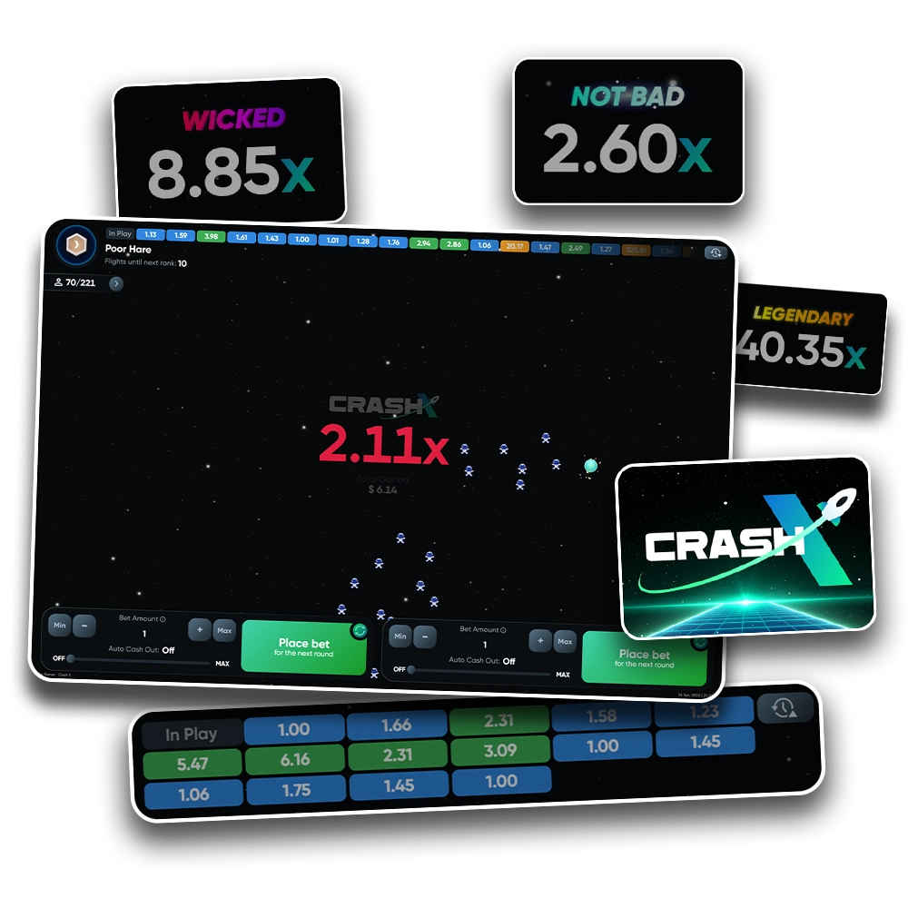 Crash X game offers sensible betting and high RTP.