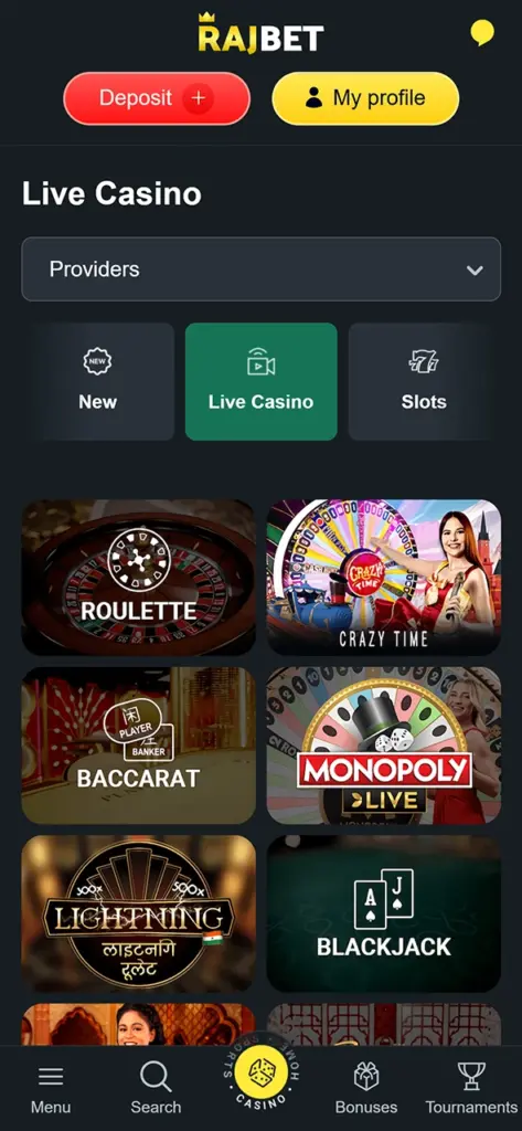 Play live casino games on the Rajbet mobile app.