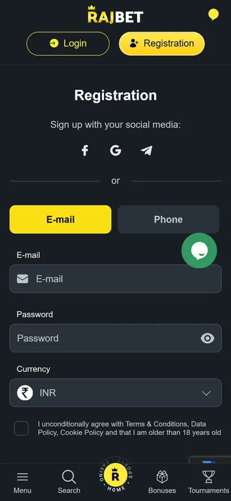 Go through registration in the Rajbet mobile app.