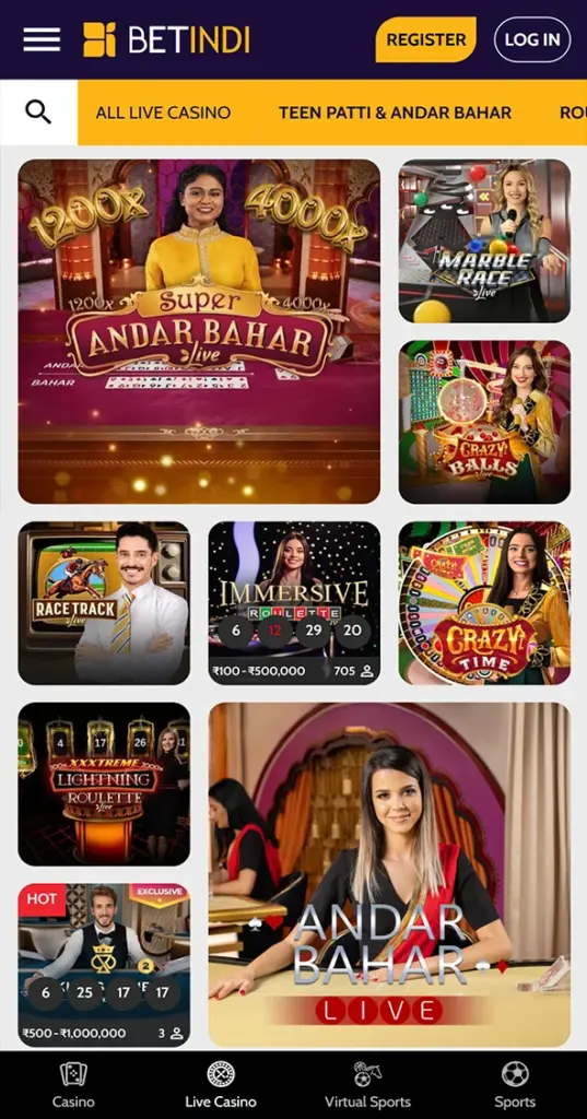 Live casino section in the Betindi app.