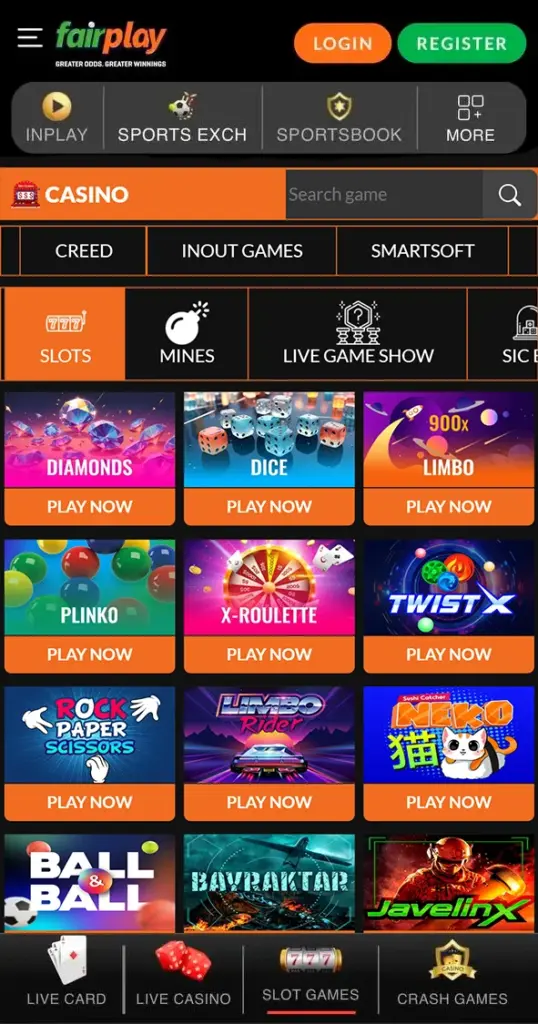 Catalog of slot games in the Fairplay mobile app.