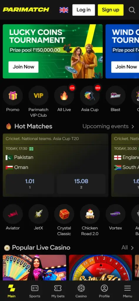 The Parimatch mobile app has a slick and user-friendly layout.