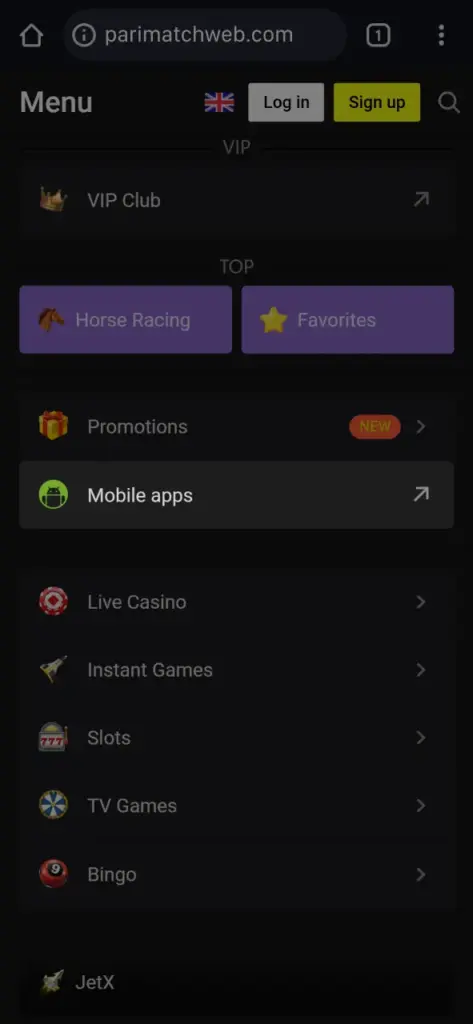 Use the Parimatch website menu to go to the applications section.