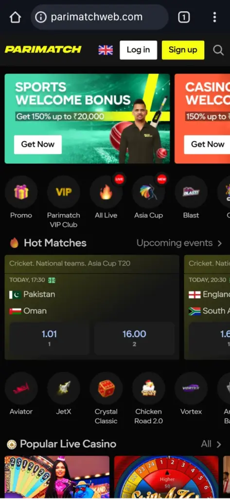 Go to the official Parimatch website via your mobile browser.