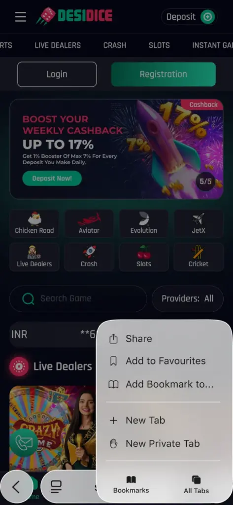 Tap the share icon in Safari to open Desidice options.