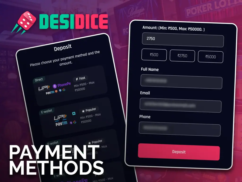Deposit funds easily with Indian payment options in the Desidice app.