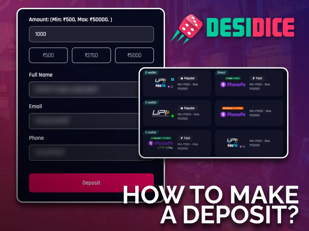 Add funds at Desidice quickly using the Deposit tab and start playing.