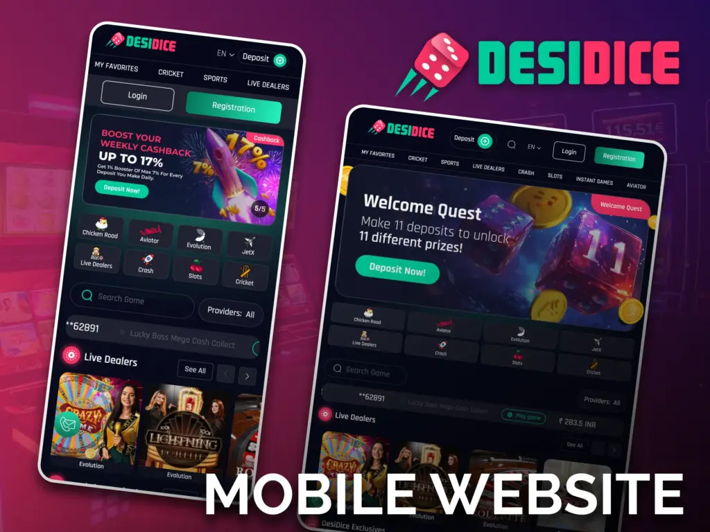 Use the Desidice mobile site for fast access to slots, crash games, and live dealers.