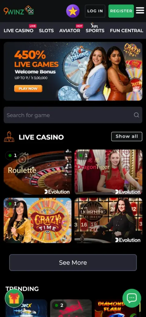 View the main screen of the 9winz app, and explore top games.