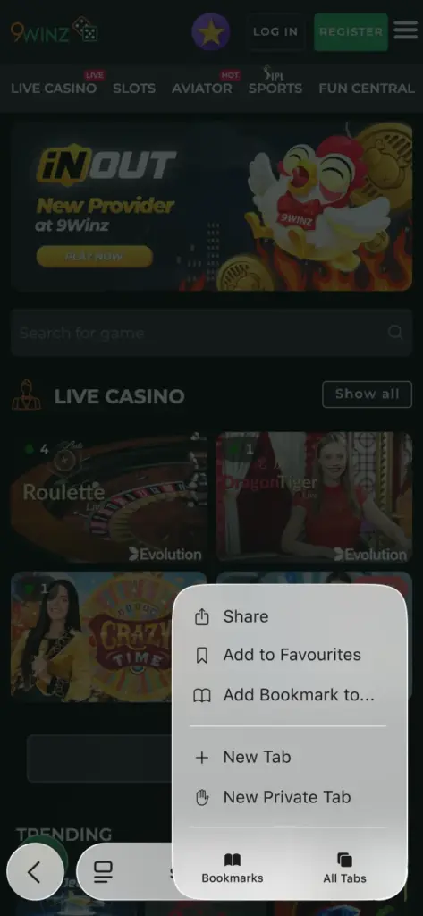 Tap the share icon at 9winz, and find the add to home screen option.